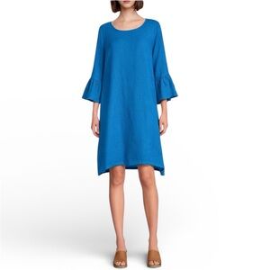 Bryn Walker 100% Linen Round Neck 3/4 Ruffle Bell Sleeve Shift Dress in Teal, M
